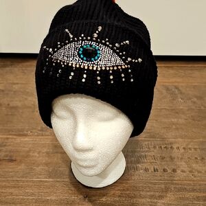 New Kurt Geiger London Evil Eye Crystal Beanie Black